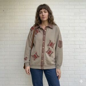 Vintage Plaid Butterfly Applique Button-Up collared sweatshirt Taupe & Red Plaid